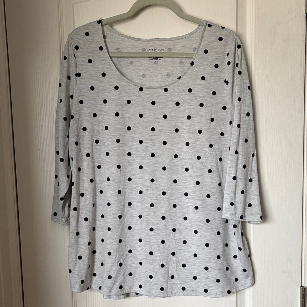 Lane Bryant Gray Scoop Neck Long Sleeve Top with Black Polka Dots